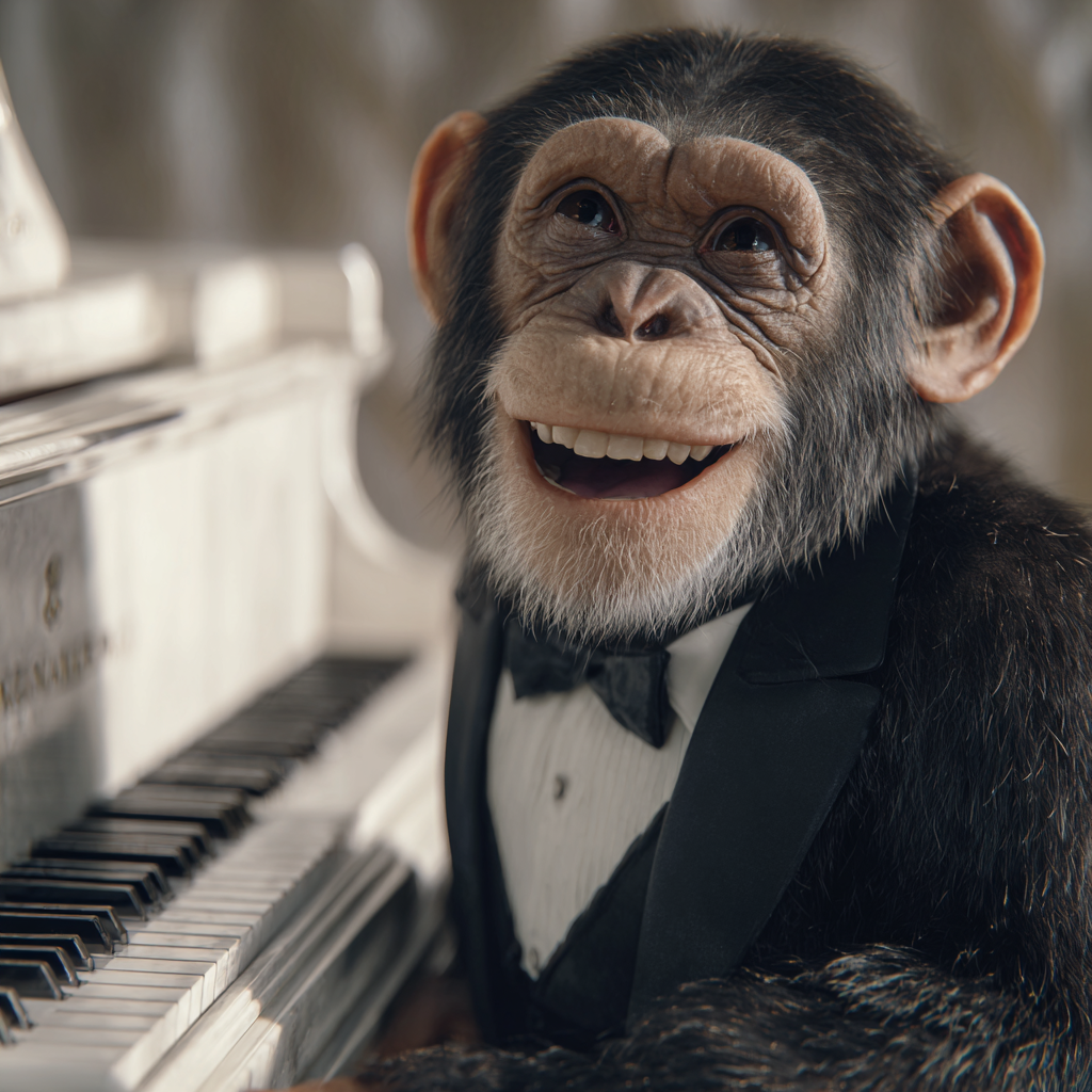 Lächelnder Schimpanse im Smoking, der an einem weißen Flügel sitzt. Humorvoll inszeniertes Tierporträt mit eleganter, cineastischer Lichtstimmung.
