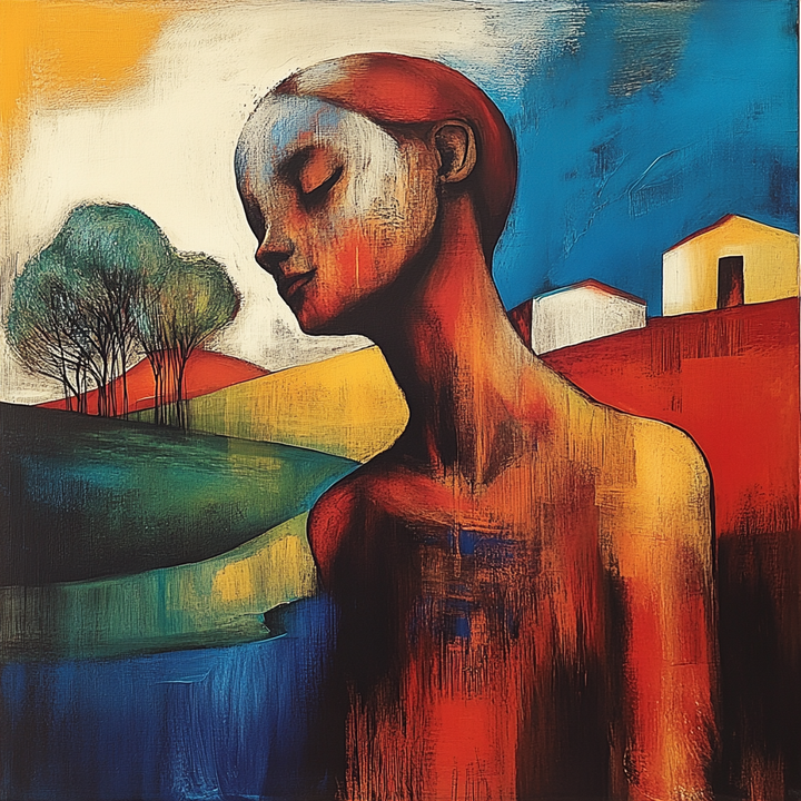 Farbintensives Porträt einer nachdenklichen Figur in einer stilisierten Landschaft mit Häusern, Hügeln und Bäumen – warme Rot-, Gelb- und Blautöne dominieren die Szene.
