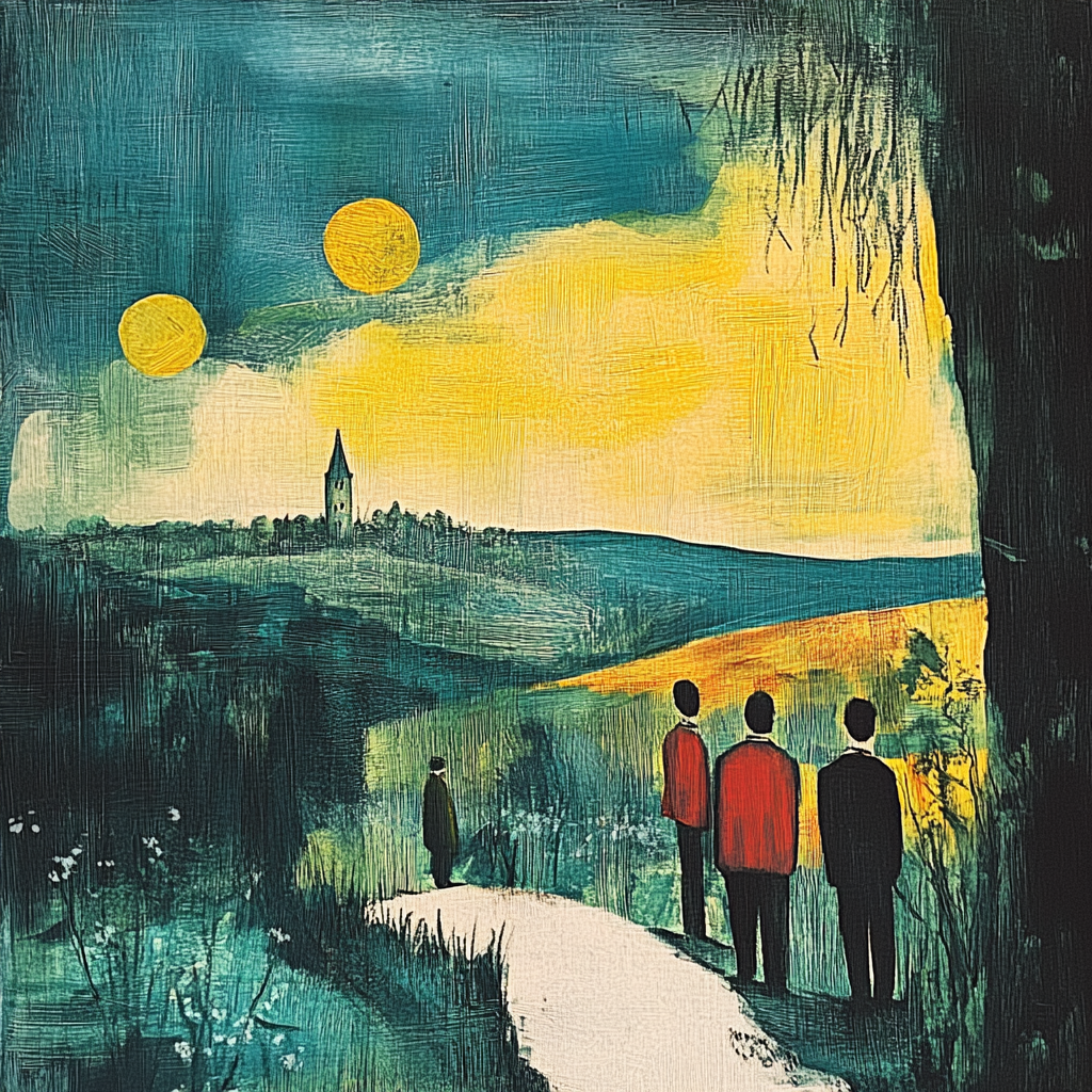 Vier Personen auf einem Weg blicken auf eine Landschaft mit zwei Sonnen und einem Kirchturm
