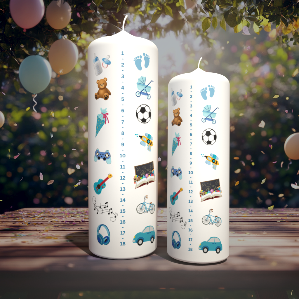 Zwei Lebenslichter für Jungen mit Messskala und bunten Symbolmotiven im Garten mit Ballons