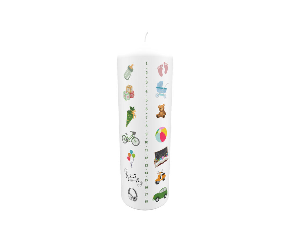 Lebenslicht mit Messskala und Symbolmotiven in Grün – Babyflasche, Teddy, Ball, Auto, Ballons