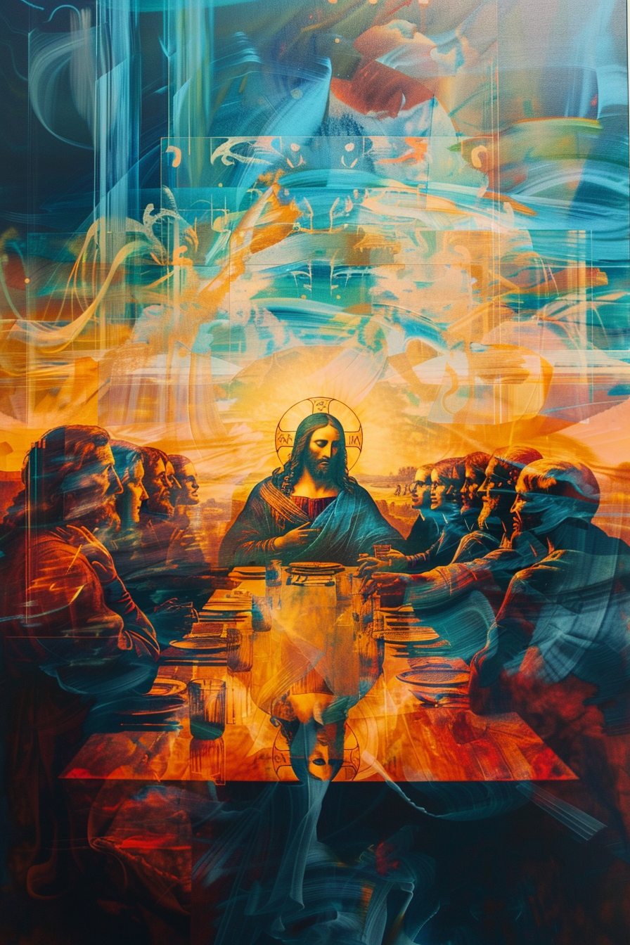 Moderne, abstrakte Neuinterpretation des letzten Abendmahls mit leuchtenden Farben in Blau und Orange – spirituelle Darstellung von Licht, Einheit und Transzendenz.

