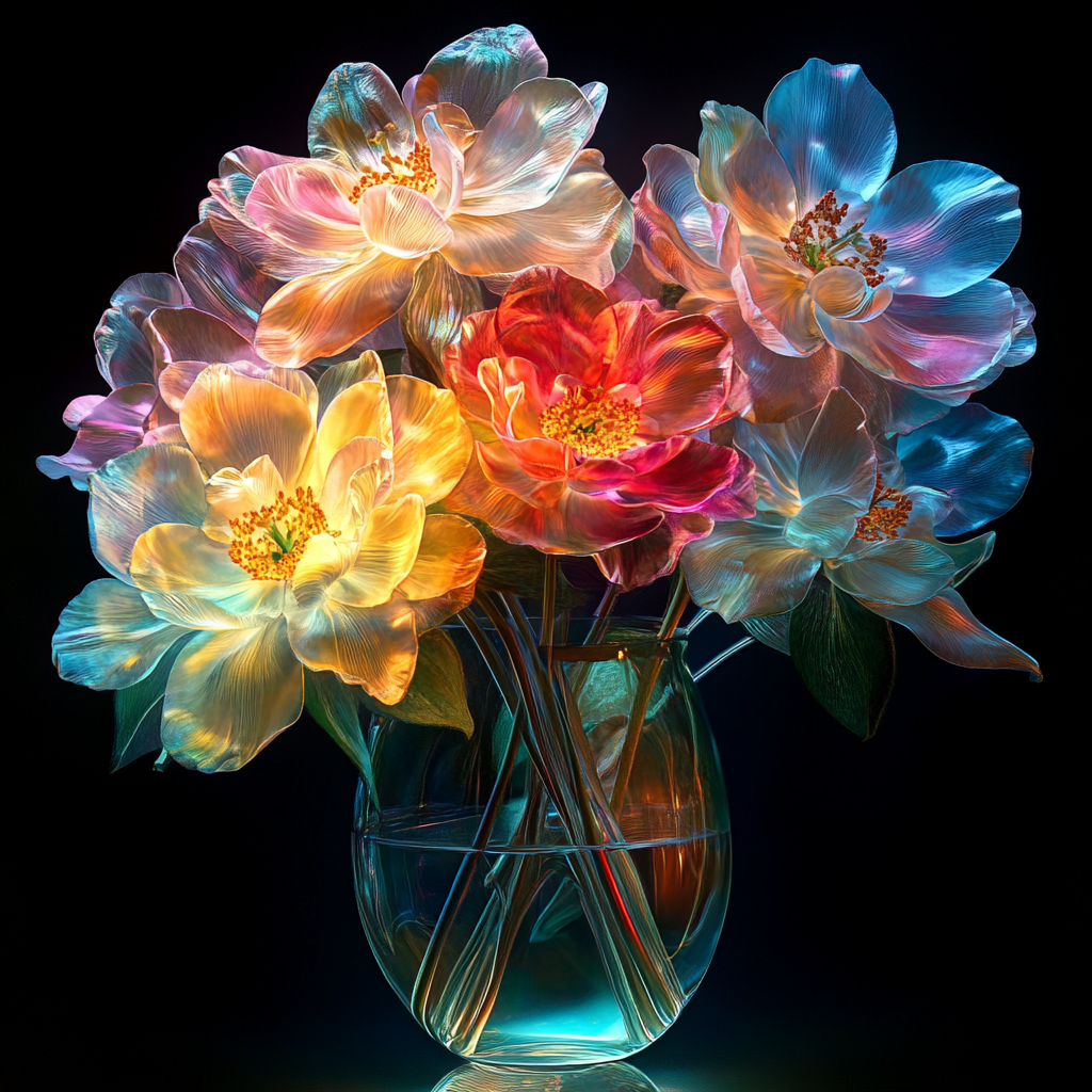 Strahlende Glasblüten in einem transparenten Glasgefäß mit schimmernden Farben in Gelb, Blau, Rot und Violett
