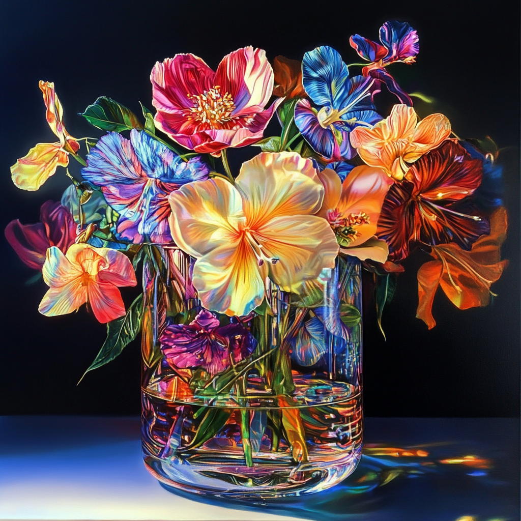 Bunte, leuchtende Blumen in einer gläsernen Vase auf dunklem Hintergrund
