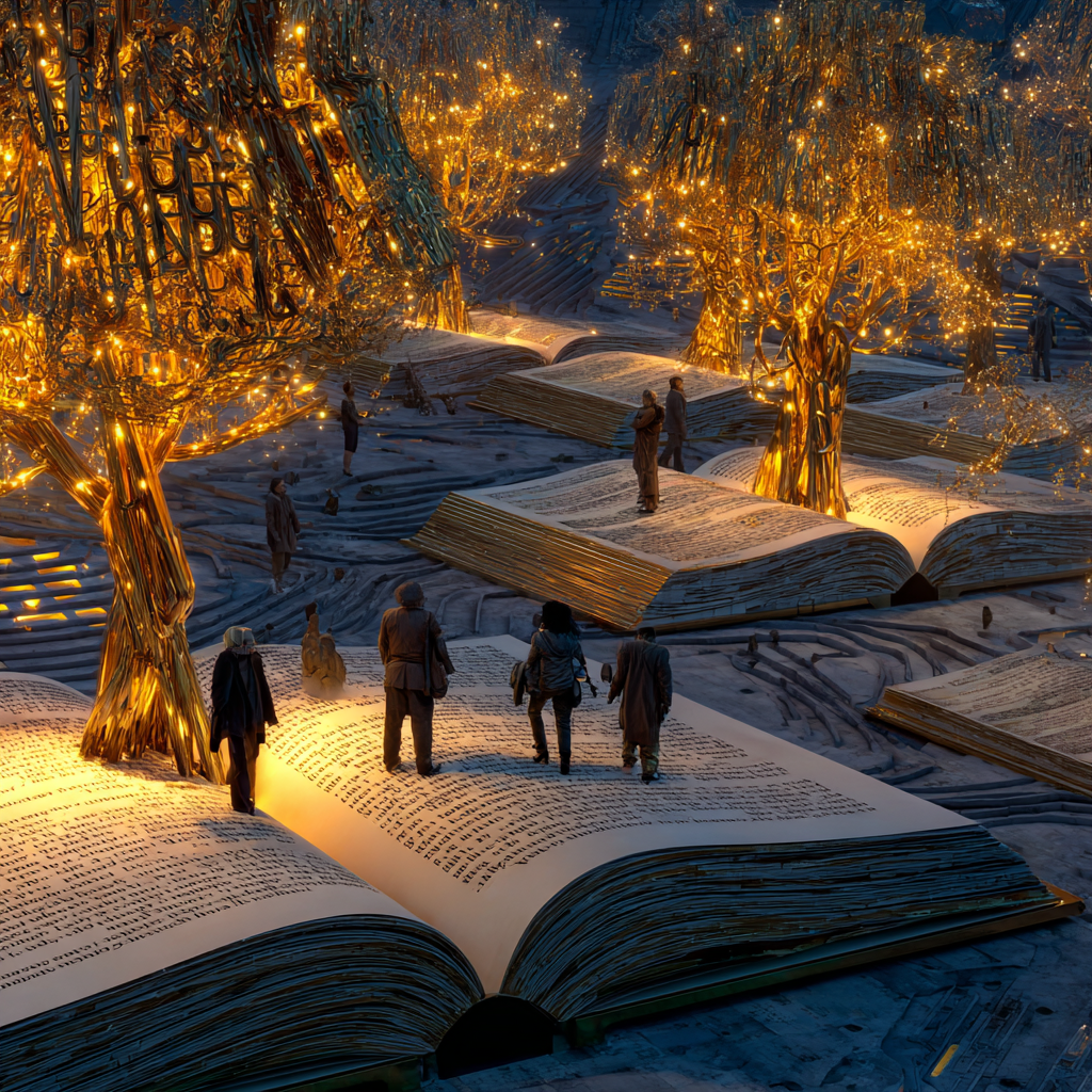Menschen wandern über geöffnete Bücher, aus denen goldene Bäume aus Licht wachsen – fantasievolles Kunstwerk voller Magie und Symbolik.
