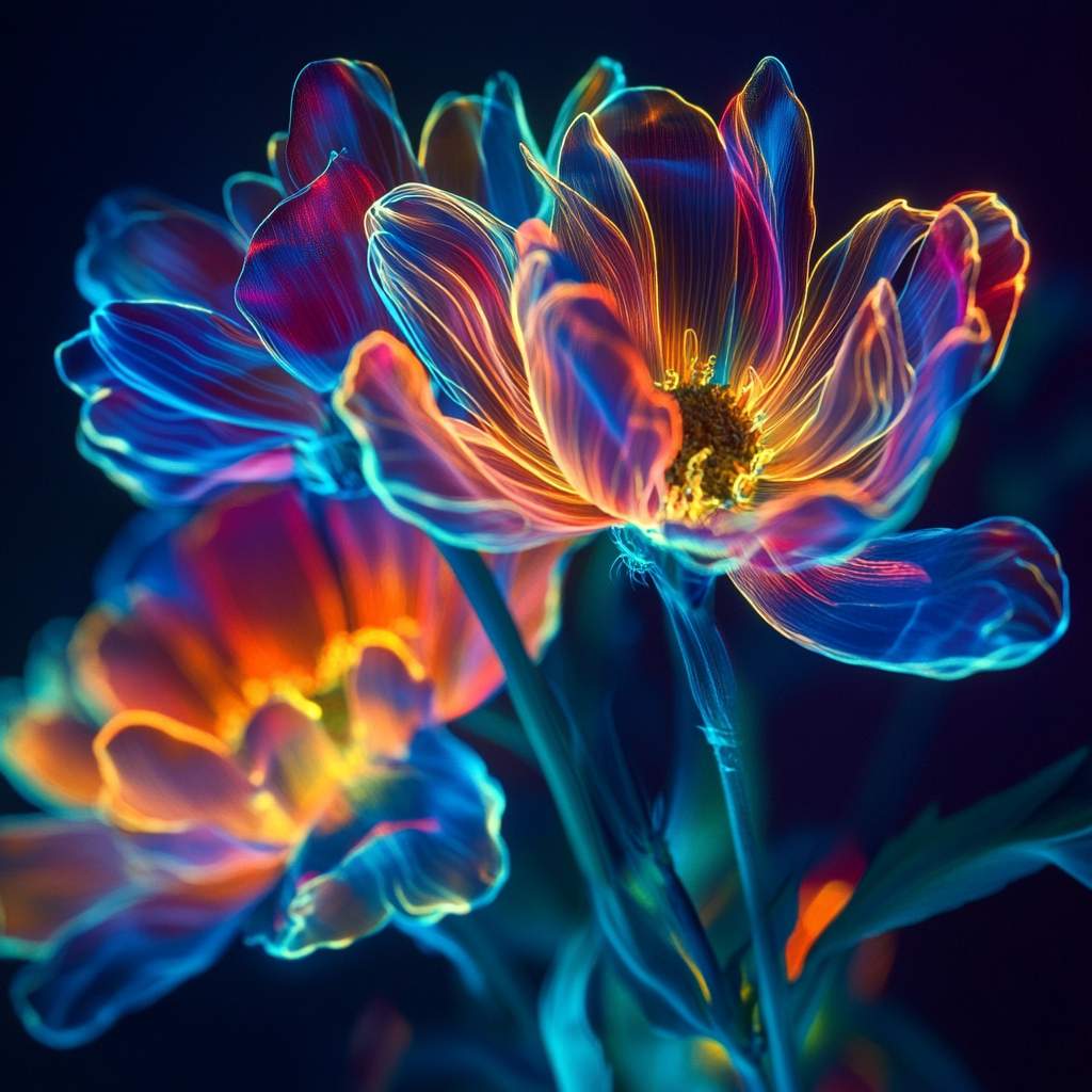 Nahaufnahme von leuchtenden Blumen in kräftigen Neonfarben wie Blau, Orange und Gelb vor dunklem Hintergrund

