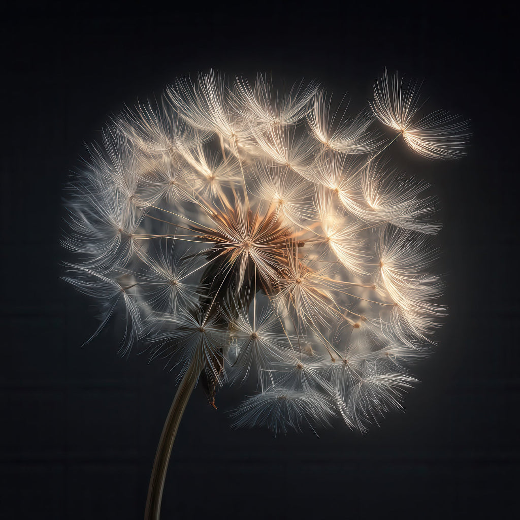 Detailreiche, sanft beleuchtete Pusteblume vor dunklem Hintergrund.
