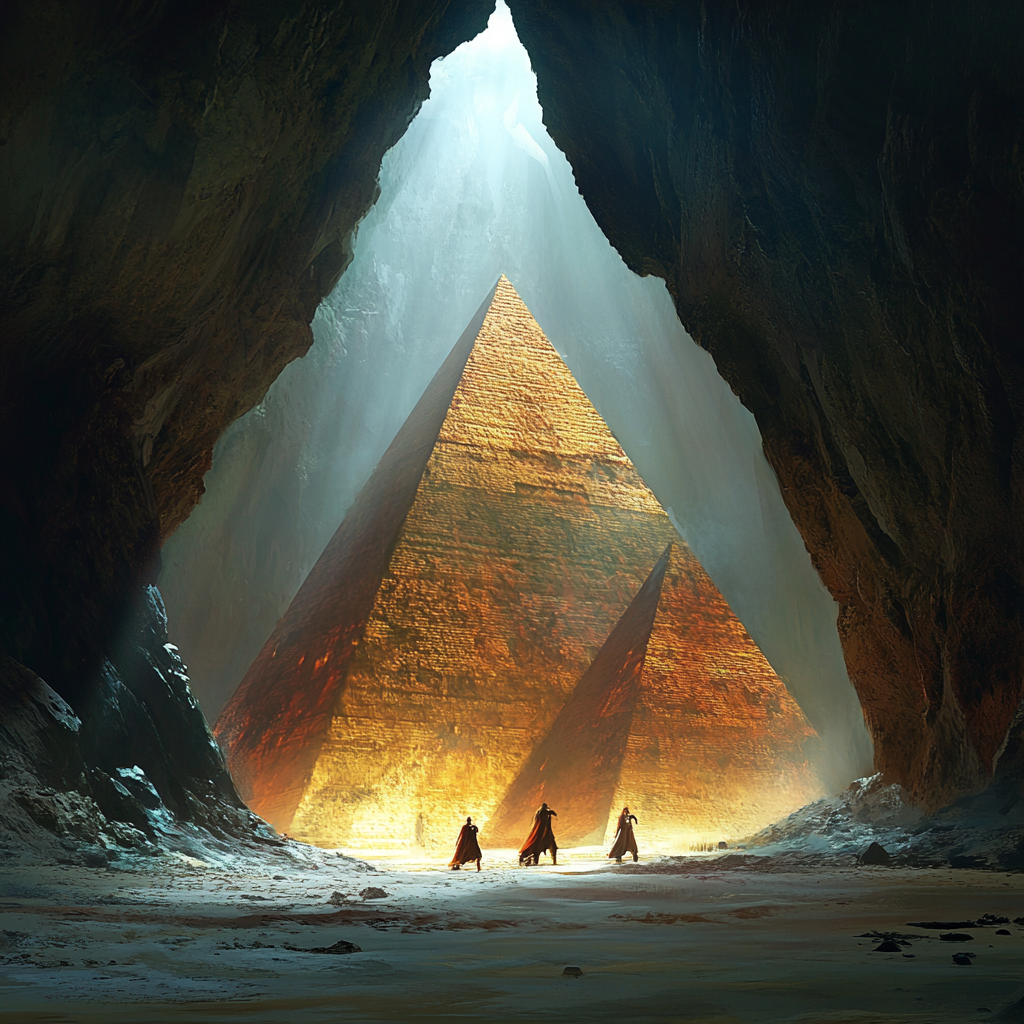 Drei leuchtende Pyramiden in einer mystischen Höhle, umgeben von Lichtstrahlen und Schatten – digitale Kunst mit epischer Atmosphäre.
