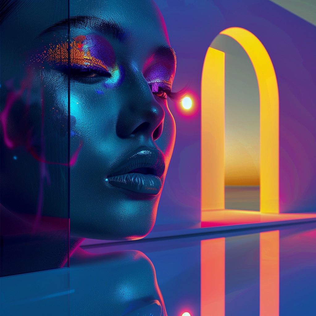 Digitales Porträt in Neonfarben mit weiblichem Gesicht, reflektierendem Licht und geometrischem Hintergrund in Blau und Orange.
