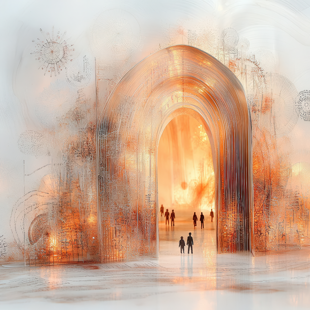 Abstraktes leuchtendes Tor mit Silhouetten in heller Traumlandschaft.
