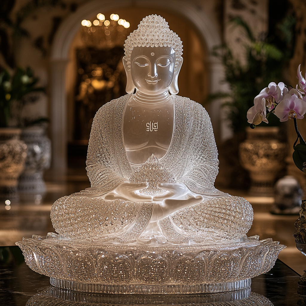 Transparente Buddha-Statue aus Kristall oder Glas, kunstvoll beleuchtet und in meditativer Haltung sitzend, umgeben von einem luxuriösen, ruhigen Innenraum.
