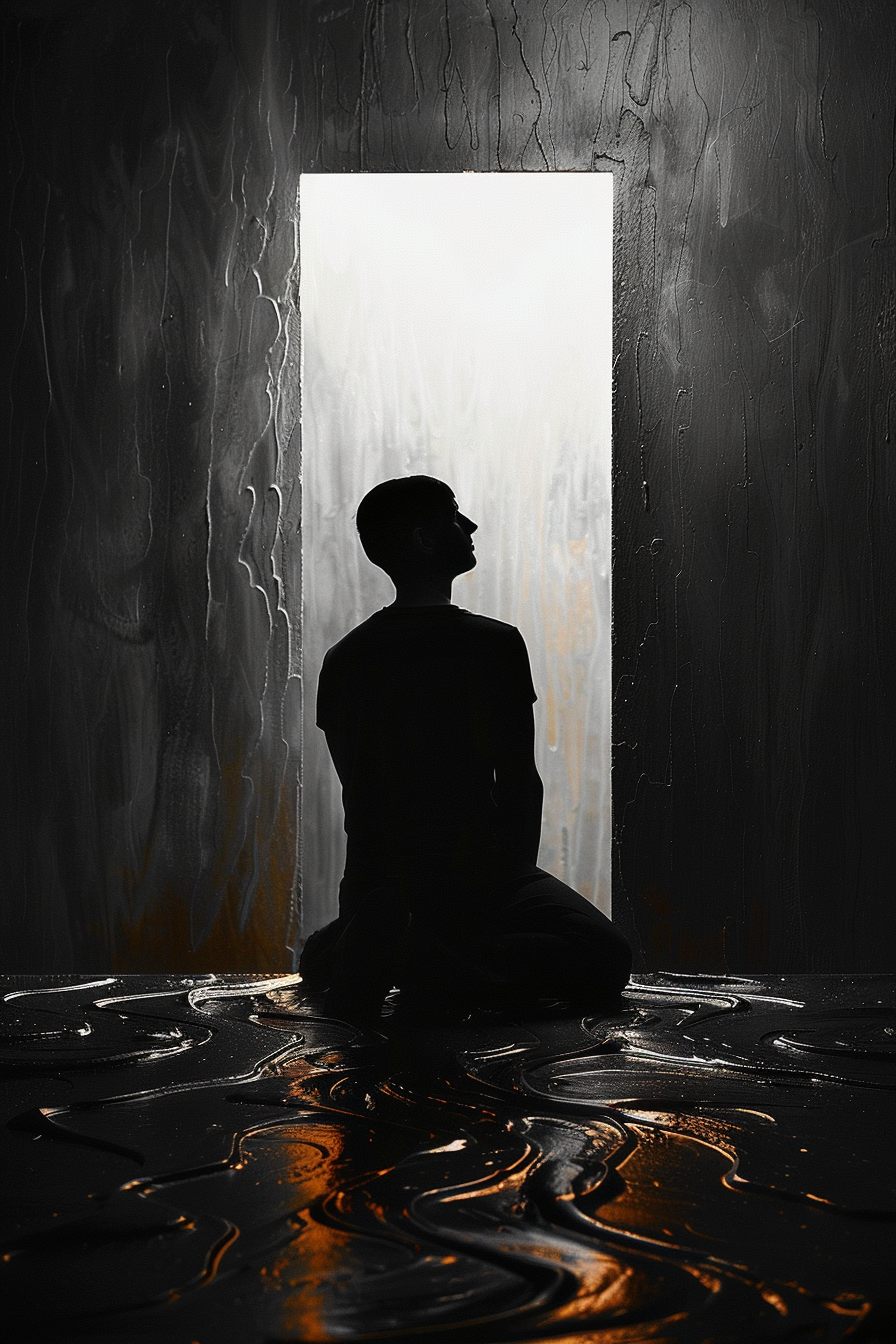 Schwarzweiß-Gemälde einer knienden Person im Schatten vor einem leuchtenden, offenen Tor aus Licht.
