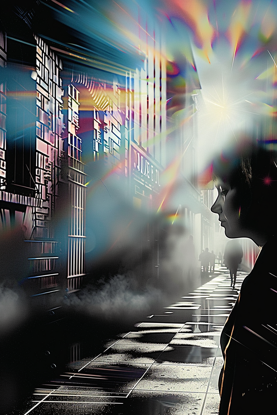 Frau in einer von Lichtstrahlen durchzogenen Straße – moderne Digitalkunst über Urbanität, Nebel und stille Beobachtung.
