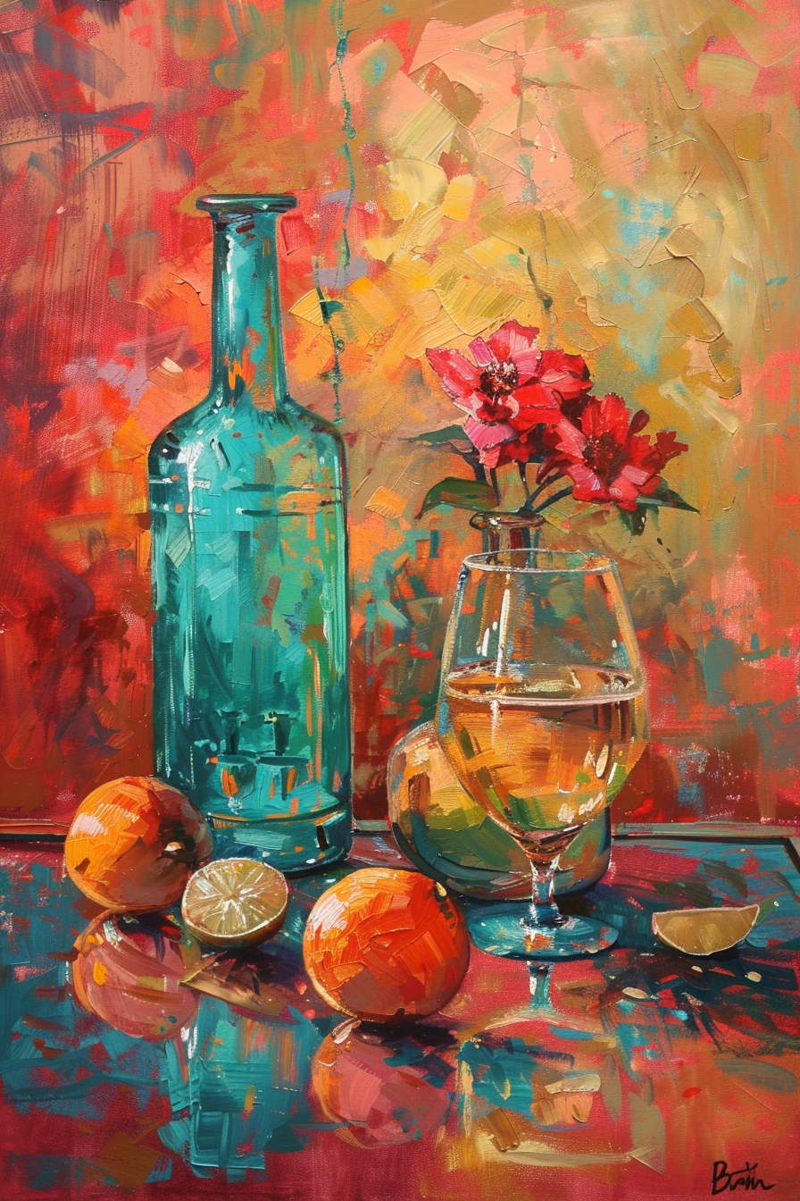 Stillleben mit Glasflasche, Weinglas, Zitrusfrüchten und roten Blumen vor einem farbintensiven Hintergrund in Orange, Türkis und Goldtönen.
