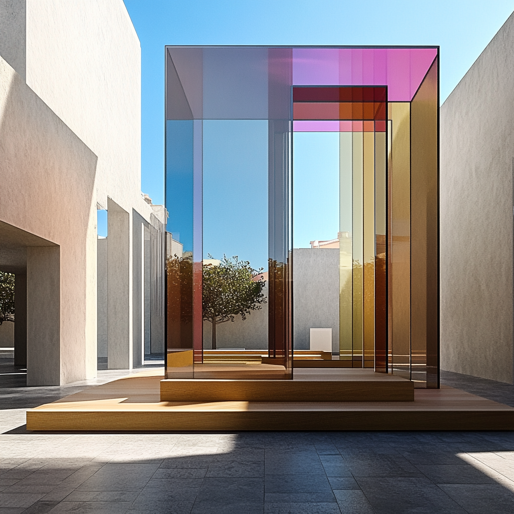 Minimalistische Architektur mit transparenten, farbigen Glasstrukturen in Rosa-, Gelb- und Bernsteintönen – geometrisch klar in hellem Sonnenlicht.
