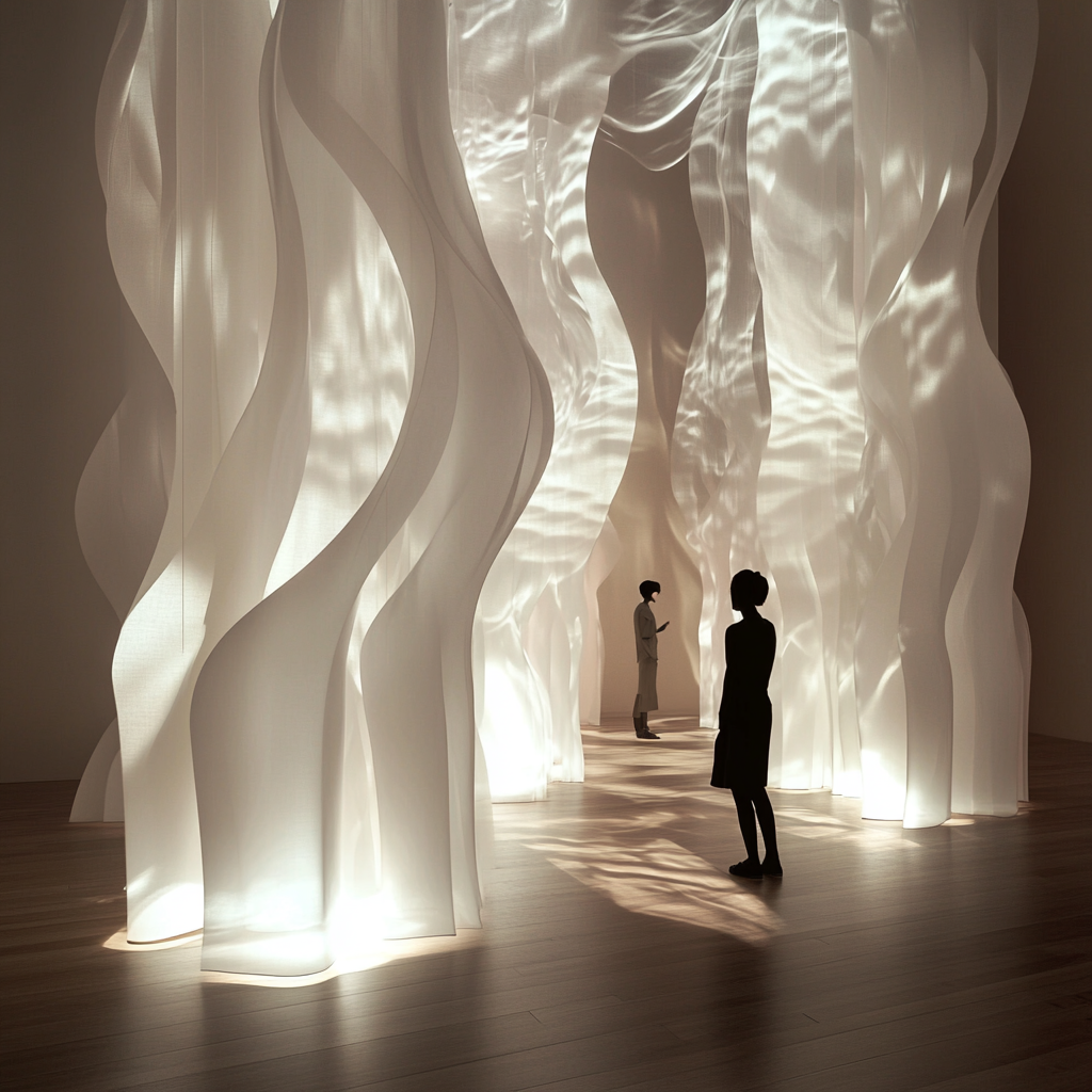 Menschen bewegen sich in einem Raum aus fließenden, halbtransparenten weißen Stoffbahnen. Weiches Licht fällt von oben herab und erzeugt bewegte Reflexionen auf dem Boden.
