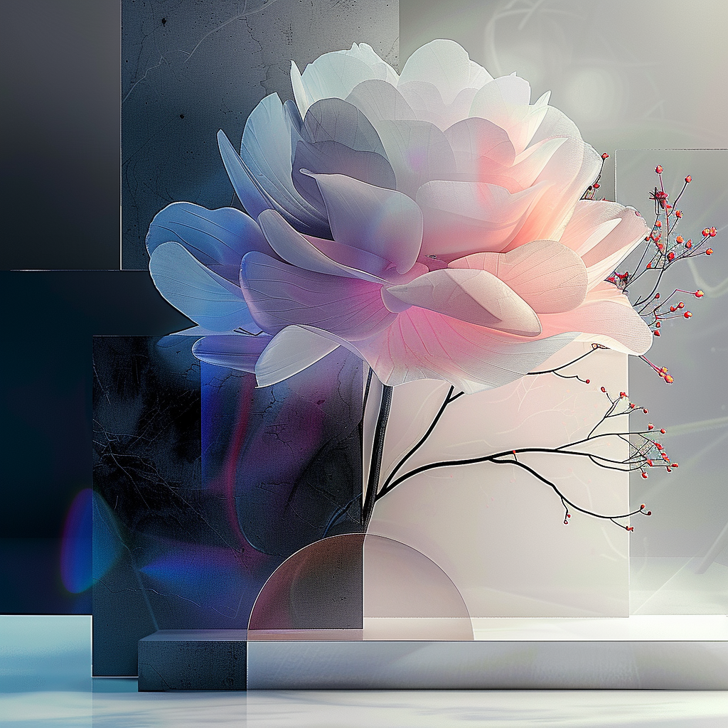 Digitale Komposition einer zarten, halbtransparenten Blume in Pastelltönen. Sie steht vor geometrischen Flächen in Hellgrau, Schwarz und Lichtrosa – ein Spiel aus Struktur, Licht und Stille.

