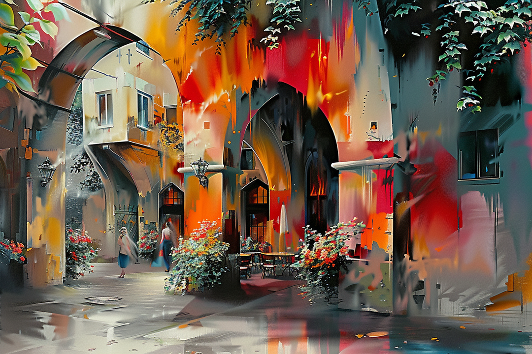 Abstrakte Stadtszene mit Bögen, Blumen und Lichtreflexionen – warme Farben und impressionistische Stimmung einer mediterranen Gasse.
