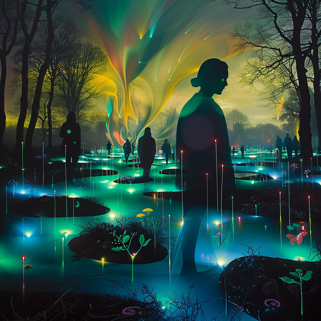 Surreale Szene in einem nächtlichen Park mit leuchtenden Pflanzen und schattenhaften Figuren – Farben des Nordlichts tanzen über dem Himmel in einer Traumlandschaft aus Licht und Reflexion.
