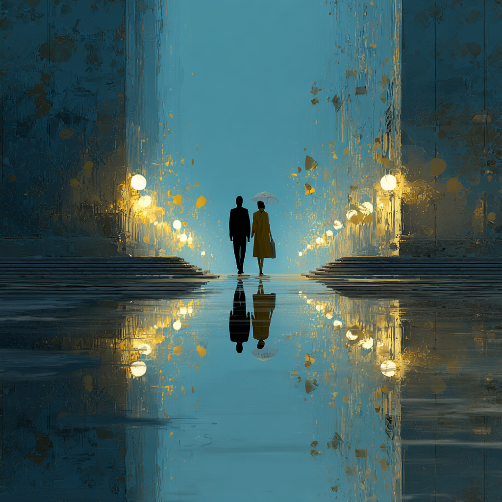 Paar geht durch eine goldene, lichtübersäte Architektur mit Spiegelungen auf nassem Boden. Stimmungsvolle, blaubetonte Szene mit romantischer Atmosphäre.
