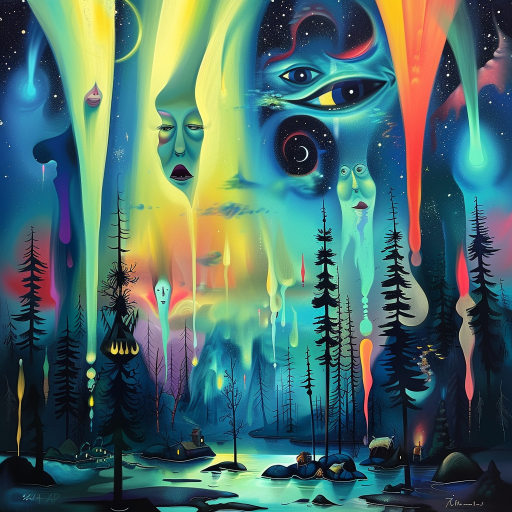 Abstrakte digitale Kunst mit leuchtenden Himmelslichtern über einer nächtlichen Landschaft, durchzogen von Gesichtern und Augen im kosmischen Farbspiel.
