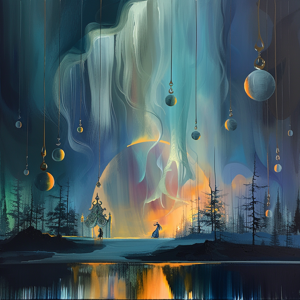 Magische nächtliche Szene mit schwebenden Lichtkugeln über einem stillen See, einer Figur vor einem Torbogen und einem leuchtenden Himmelsvorhang in Blau, Türkis und Gold.
