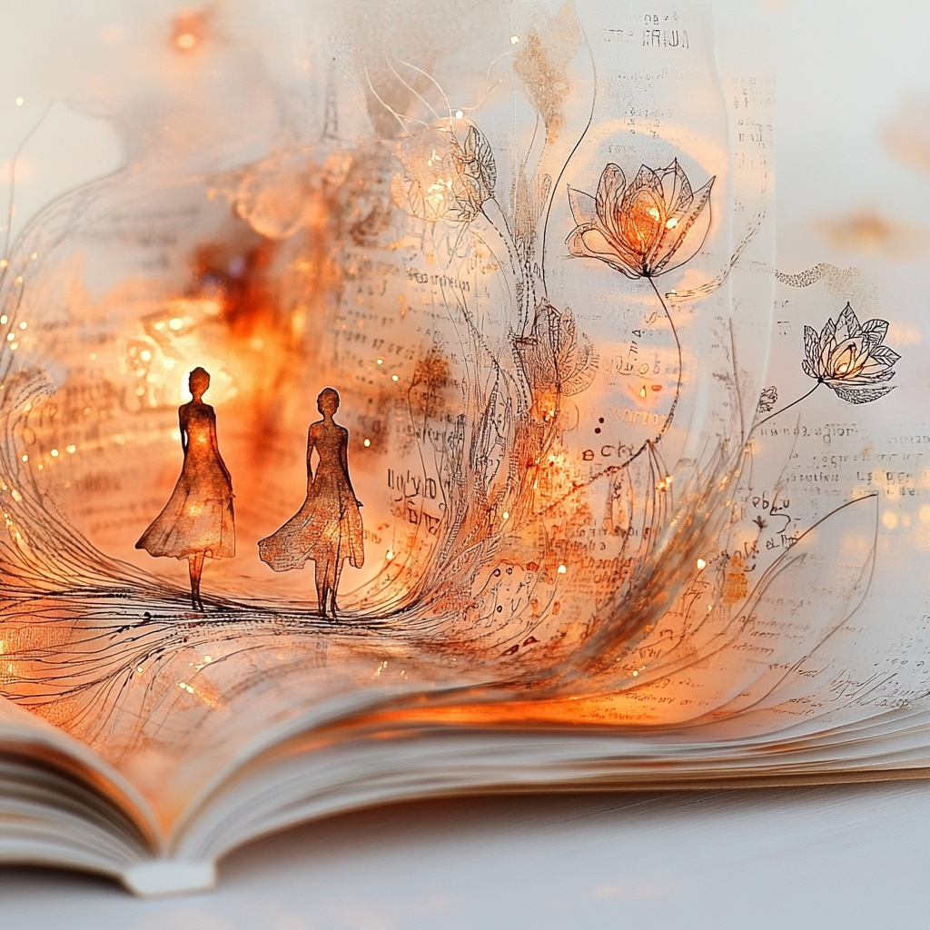 Leuchtendes offenes Buch mit filigranen Zeichnungen zweier Frauen und Blumen – zarte Lichtpunkte und warme Farben schaffen eine magische, poetische Atmosphäre.
