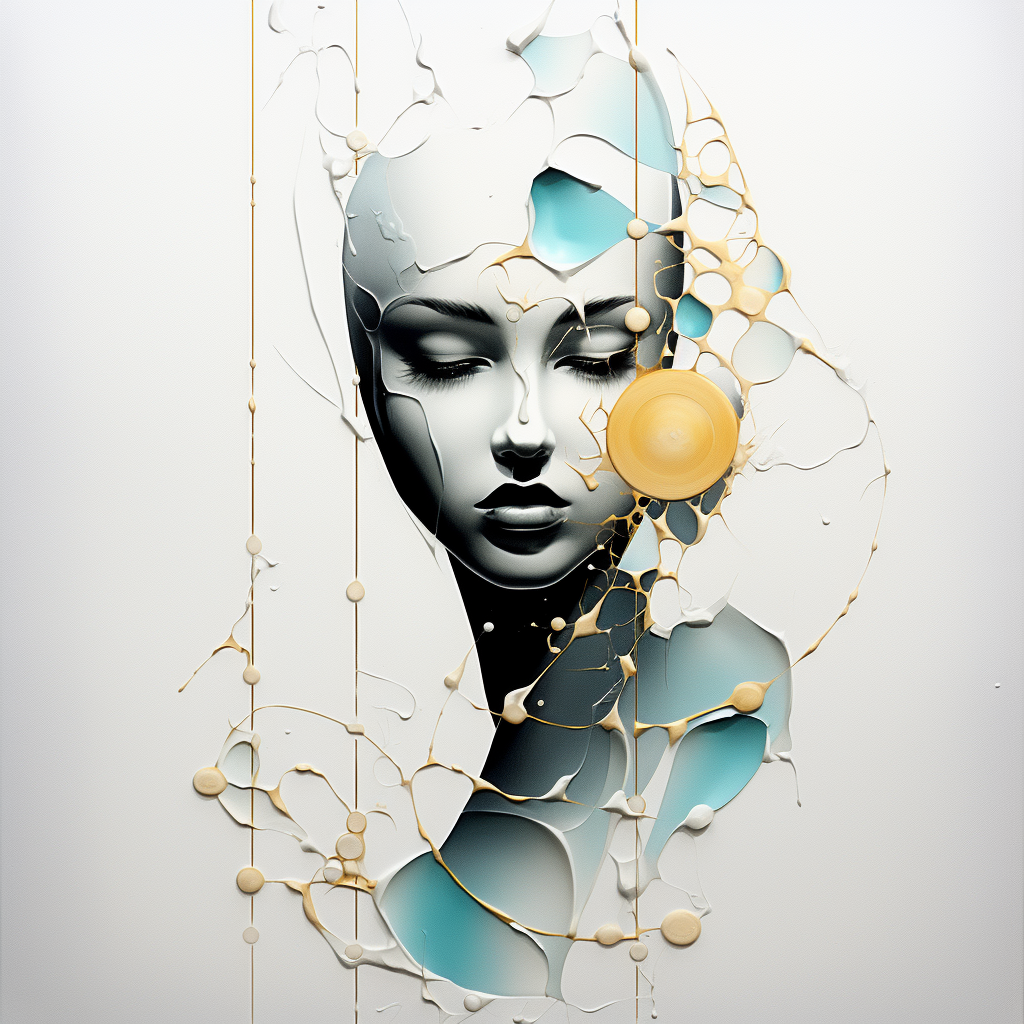 Abstraktes Porträt einer Frau mit goldenen Linien und blauen Lichtflächen, Symbol für Ruhe und innere Balance.
