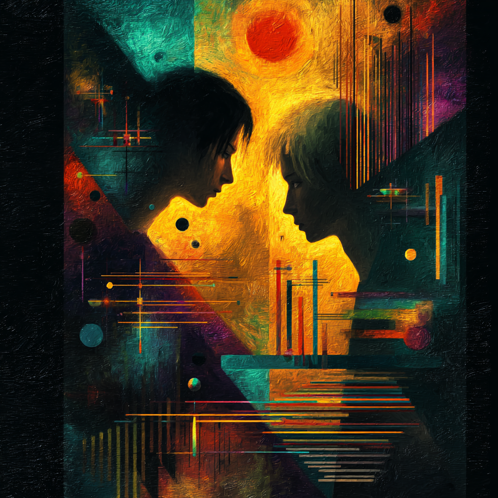 Zwei farbintensiv abstrahierte Profilfiguren stehen sich in einem Feld aus
Licht, Linien und geometrischen Formen gegenüber.
