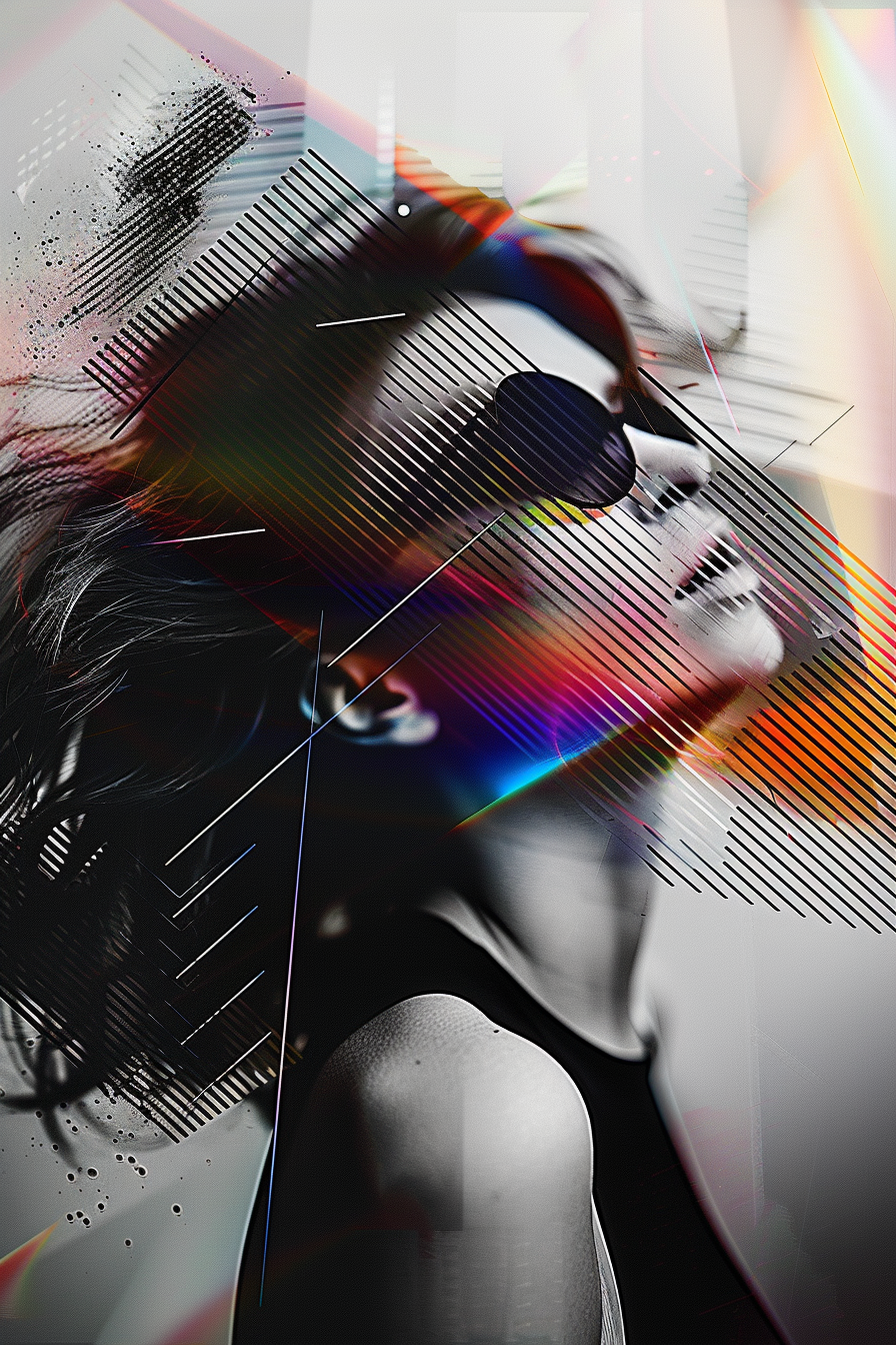 Abstraktes Porträt einer Frau mit Sonnenbrille in Linien und Lichtreflexen – futuristische Digitalkunst mit Bewegung und Energie.
