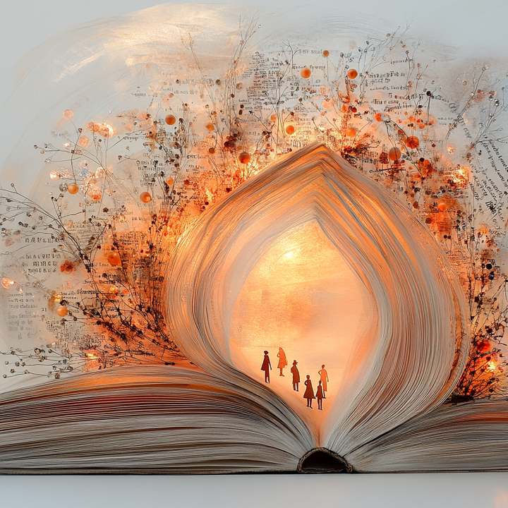 Leuchtendes offenes Buch mit warmem Licht im Inneren – kleine menschliche Silhouetten betreten einen strahlenden Raum aus Seiten, Texten und funkelnden Details.
