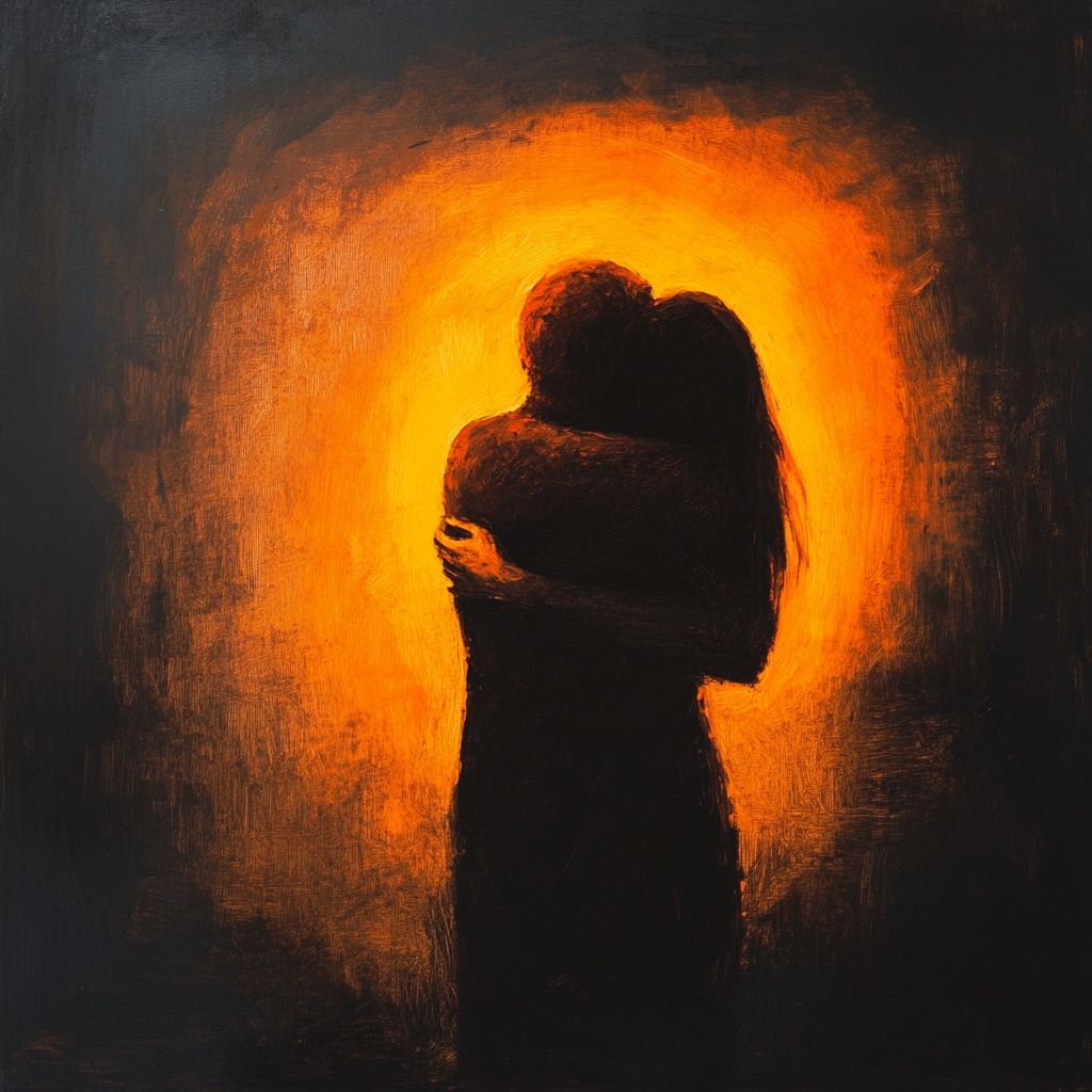 Gemälde zweier sich umarmender Menschen, deren Silhouetten in dunklen Tönen vor einem leuchtend orangefarbenen Hintergrund erscheinen – Symbol für Wärme und Verbindung.
