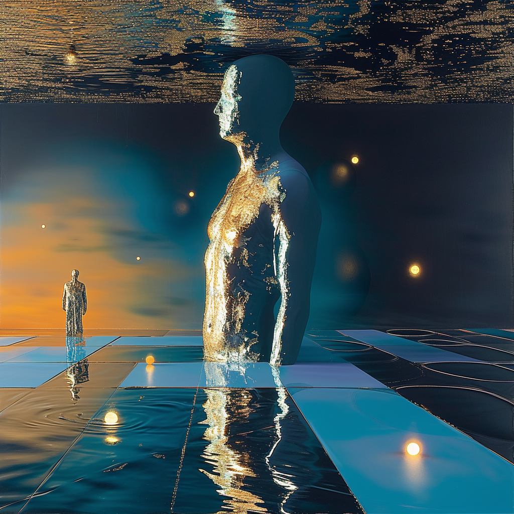 Surreale Szene mit zwei gold-leuchtenden menschlichen Figuren auf spiegelndem Boden unter einem kosmischen Himmel – ein Sinnbild für Bewusstsein, Transformation und Existenz.
