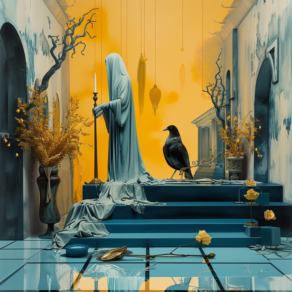 Surreale Szene mit verhüllter Figur, Kerze und schwarzem Vogel – architektonischer Raum in goldener Atmosphäre zwischen Ritual und Stille.
