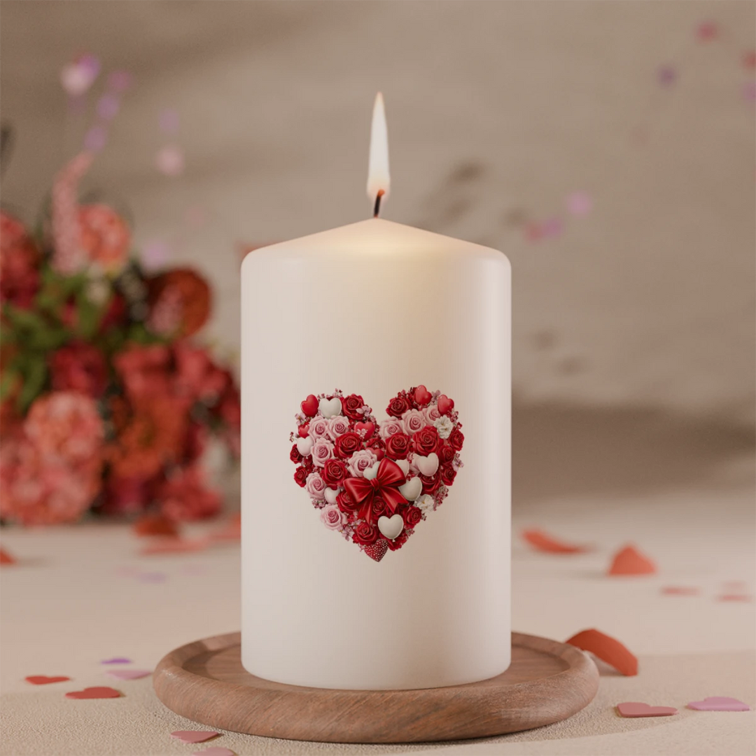 Valentinskerze Rosenherz mit roten Rosen