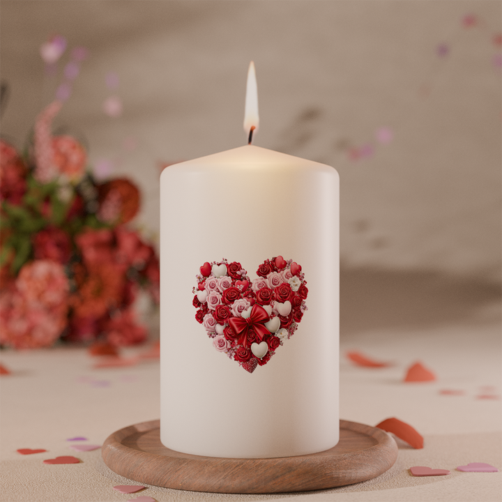 Weiße Kerze mit herzförmigem Motiv aus roten und rosafarbenen Rosen als romantische Liebeskerze
