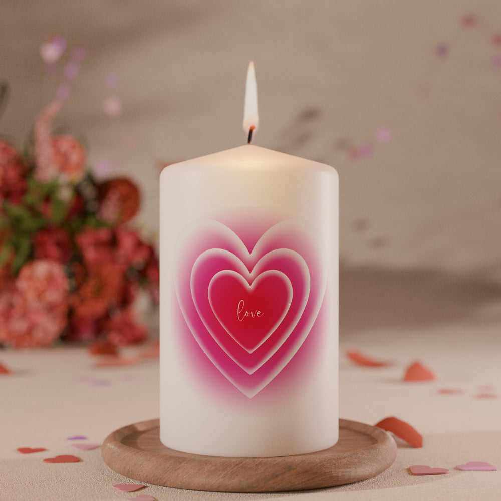 Weiße Kerze mit mehrlagigem Herzmotiv in Pink und Rot mit Schriftzug Love als moderne Liebeskerze