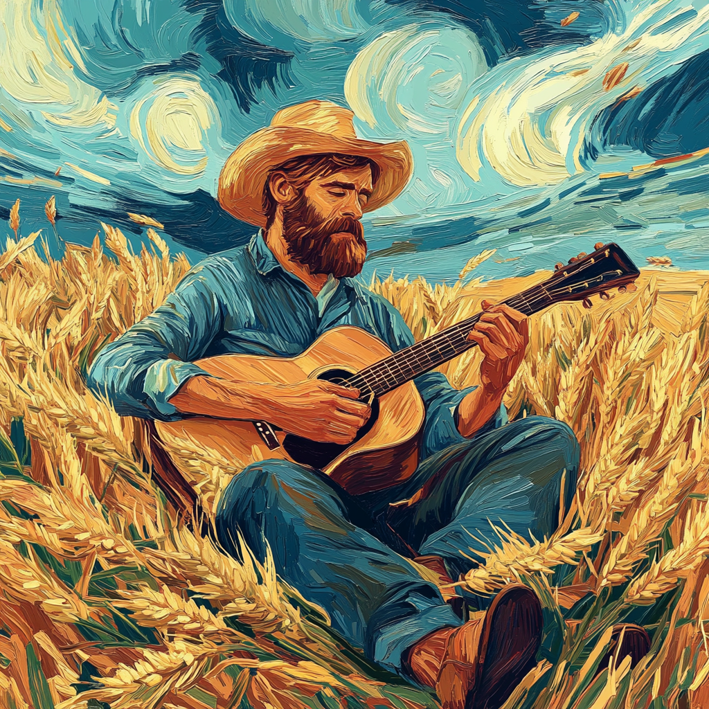 Gemälde eines bärtigen Mannes mit Gitarre, der in einem goldenen Weizenfeld sitzt und spielt – inspiriert vom Stil Vincent van Goghs mit lebendigen, wirbelnden Pinselstrichen.
