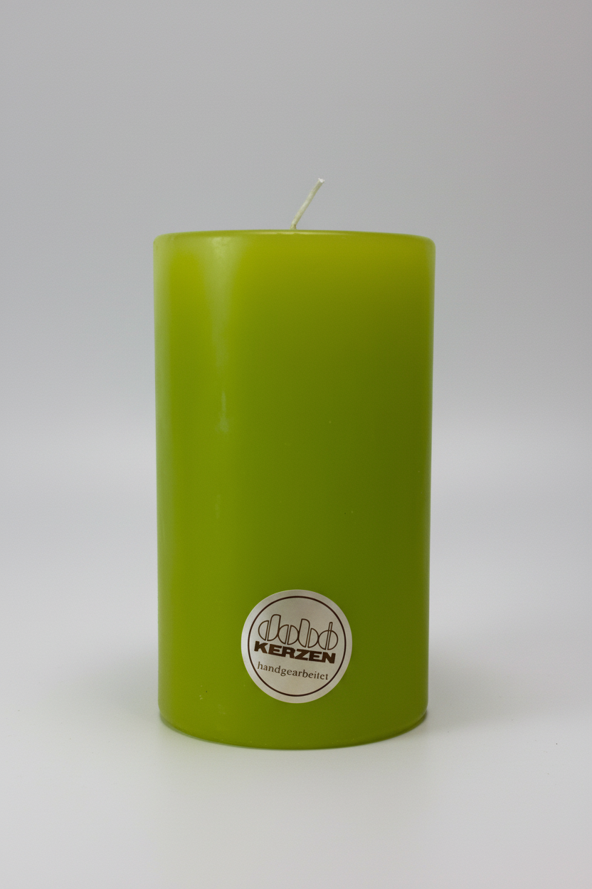Lindgrüne Stumpenkerze aus Wachs, handgearbeitet und hochwertig gegossen, hergestellt von DOBO Kerzen.