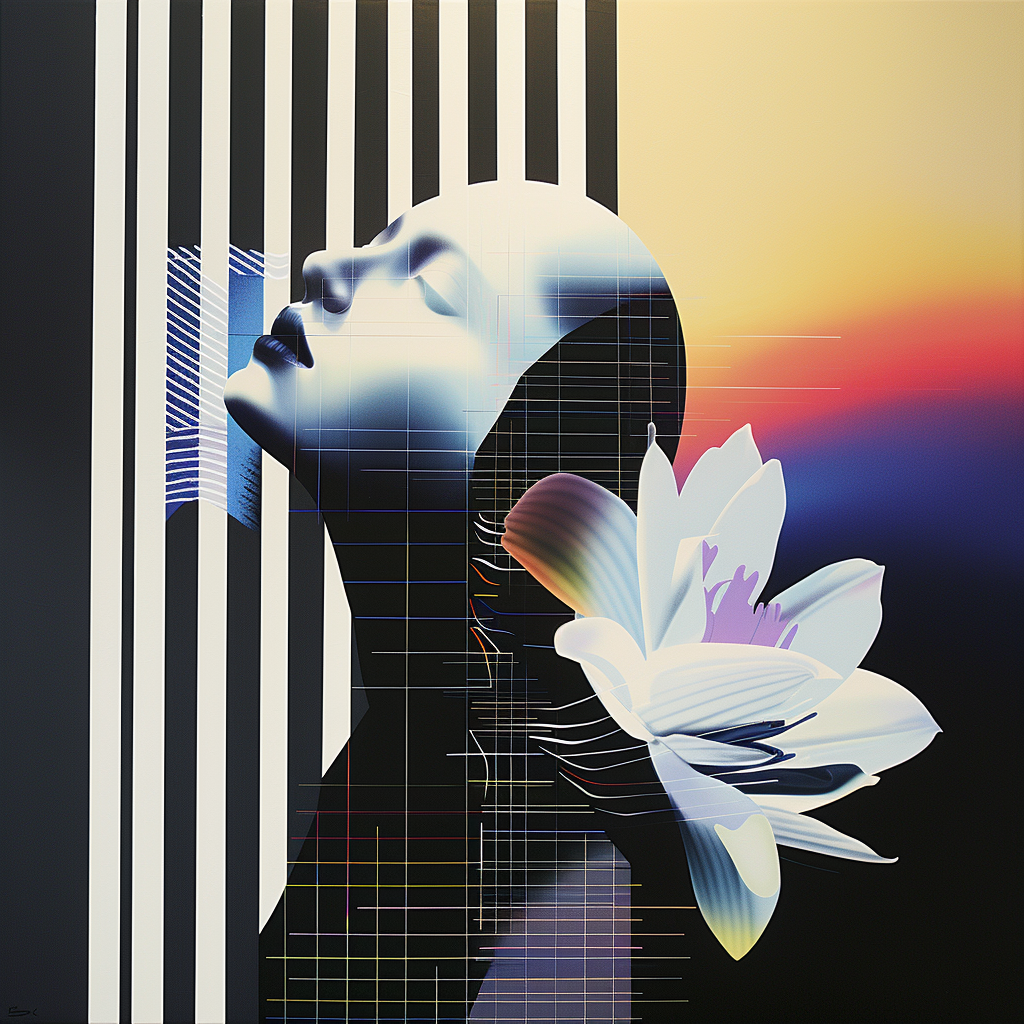 Futuristisches Porträt einer Frau mit geometrischen Linien und einer weißen Blüte – symbolisch für Balance zwischen Technologie und Natur.
