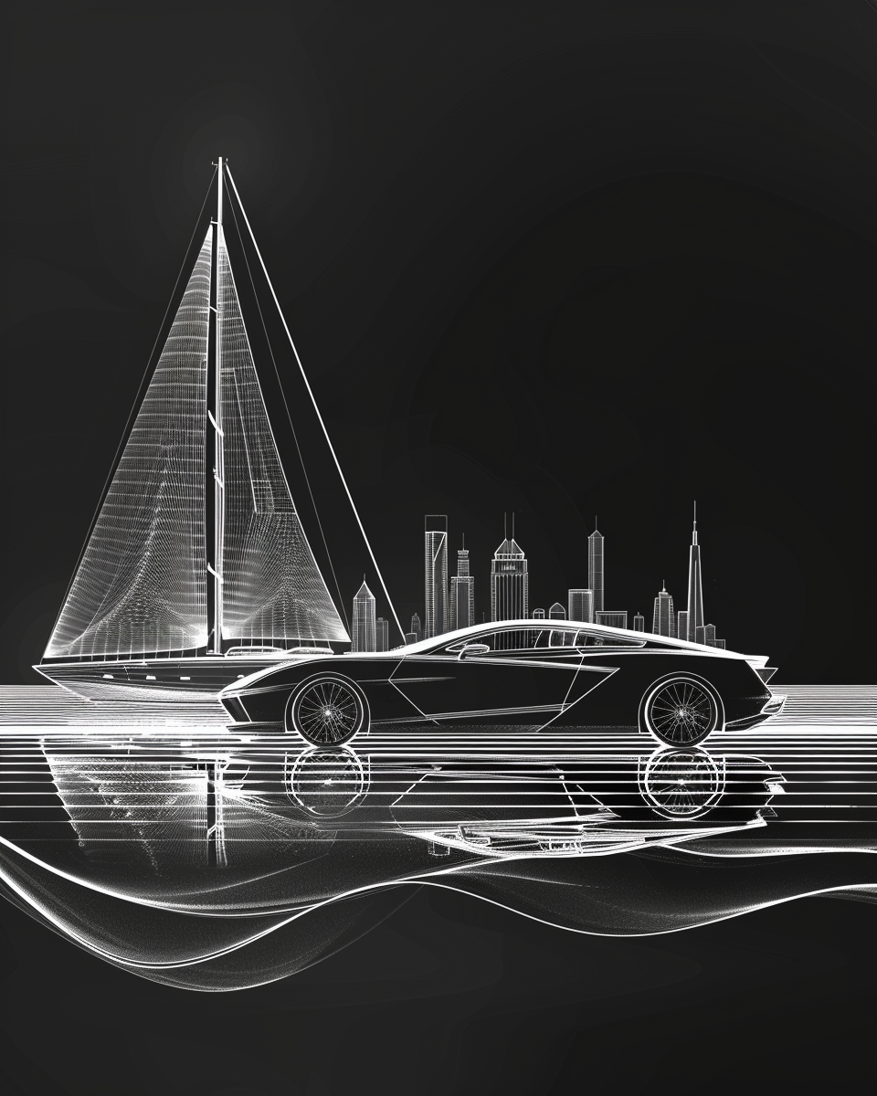 Futuristische Komposition aus einem Sportwagen, einer Segelyacht und einer Skyline – alles aus leuchtenden weißen Linien auf schwarzem Grund.
