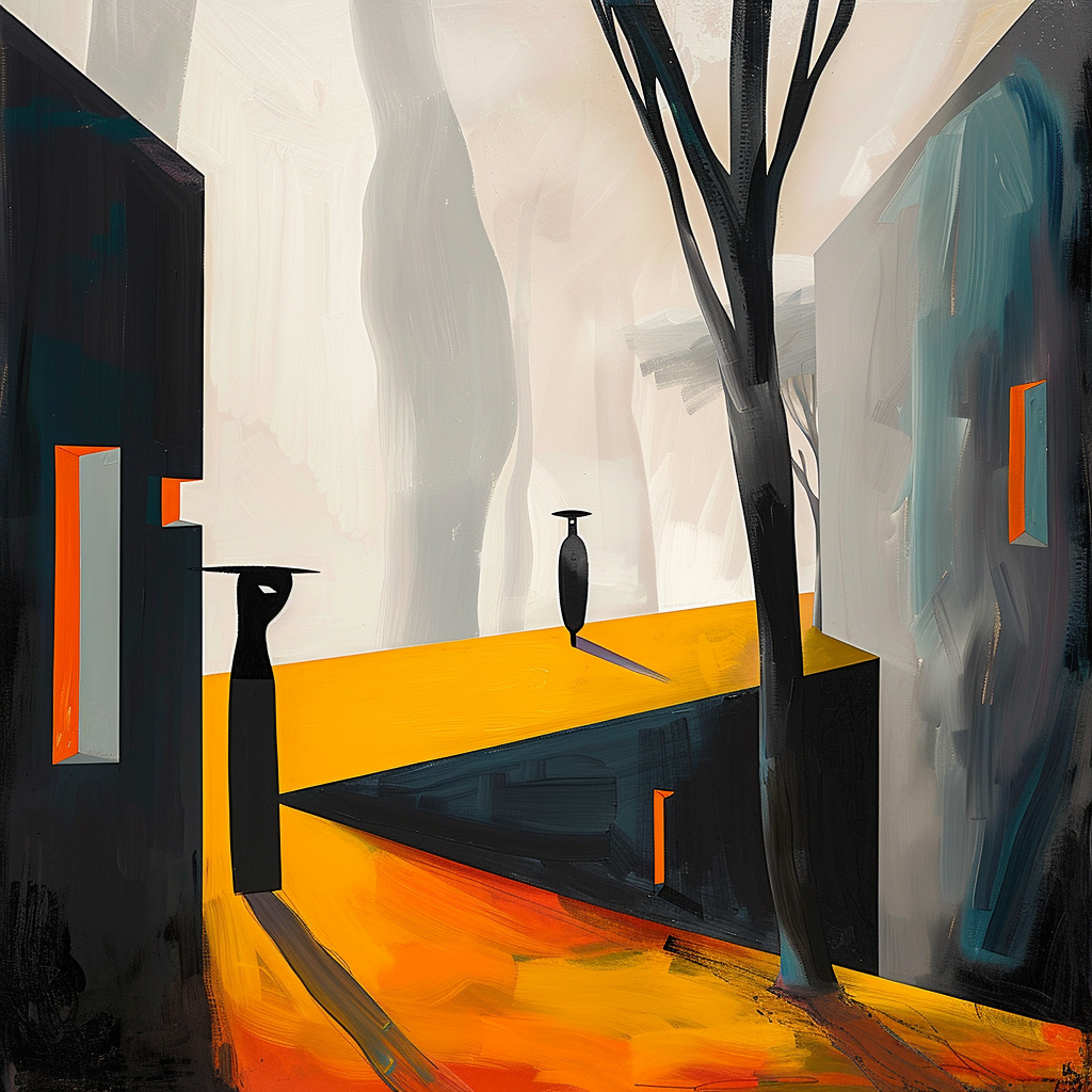 Minimalistische Szene mit abstrakten Figuren, geometrischen Gebäuden und Licht in warmen Gelb- und Grautönen.
