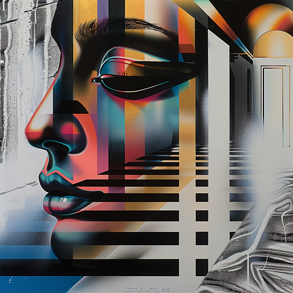 Abstraktes Porträt mit geometrischen Linien, leuchtenden Farben und architektonischen Formen in surrealer Komposition.
