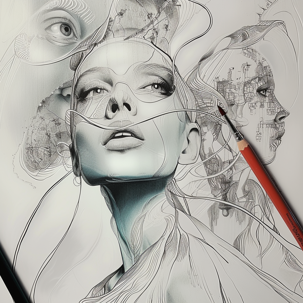 Ein filigranes Porträt einer Frau, deren Gesicht sich in Linien, Skizzen und abstrakte Strukturen auflöst – ein Spiel zwischen Kunst, Bewusstsein und der Architektur des Denkens.
