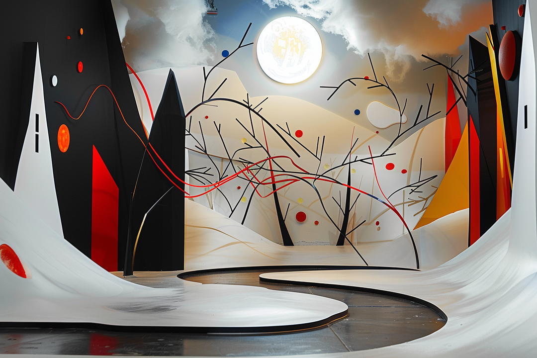 Abstrakte Landschaft aus geometrischen Formen und Linien in Weiß, Schwarz, Rot und Gold. Ein geschwungener Pfad führt durch stilisierte Bäume, im Hintergrund leuchtet ein heller Kreis wie eine Sonne oder ein Mond.
