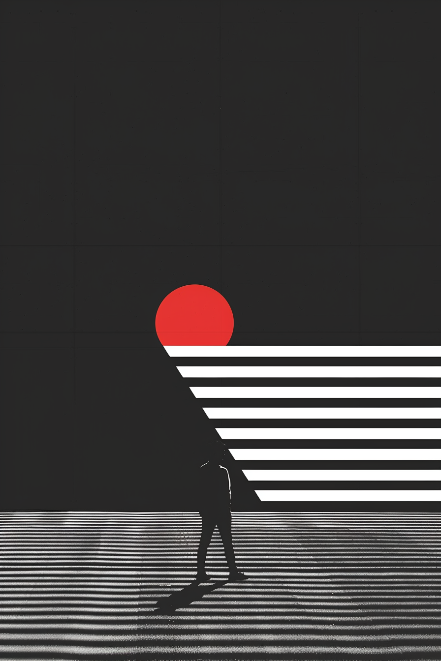 Minimalistische Komposition mit roten Kreis und schwarz-weißen Linien – Figur im Schatten, moderne geometrische Digitalkunst.
