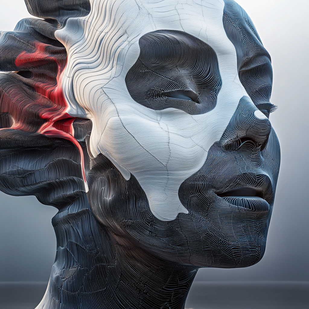 abstraktes gesicht aus wellenförmigen linien mit weißer struktur
