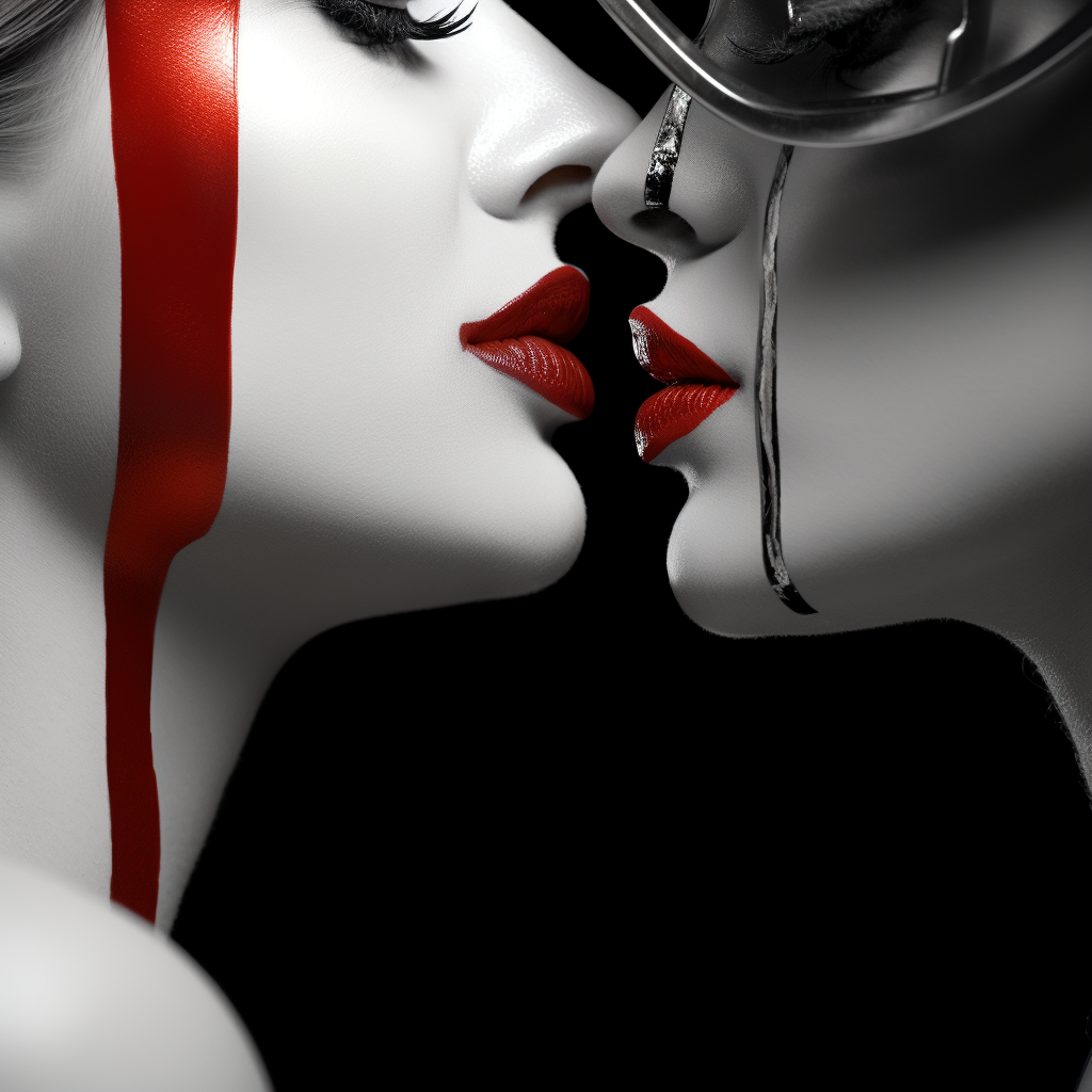 Zwei weibliche Gesichter im Moment kurz vor dem Kuss – weiße Haut, rote Lippen und metallische Details im Kontrast zu tiefem Schwarz – Symbol für Verlangen, Stille und Spannung.
