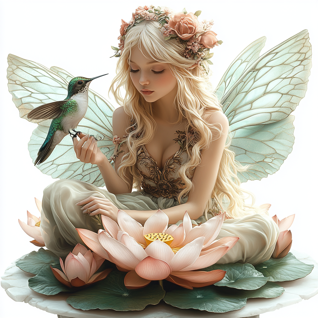 Zarte Feenfigur mit Schmetterlingsflügeln sitzt auf einer Lotusblüte und hält einen Kolibri – traumhafte, märchenhafte Szene in Pastellfarben.
