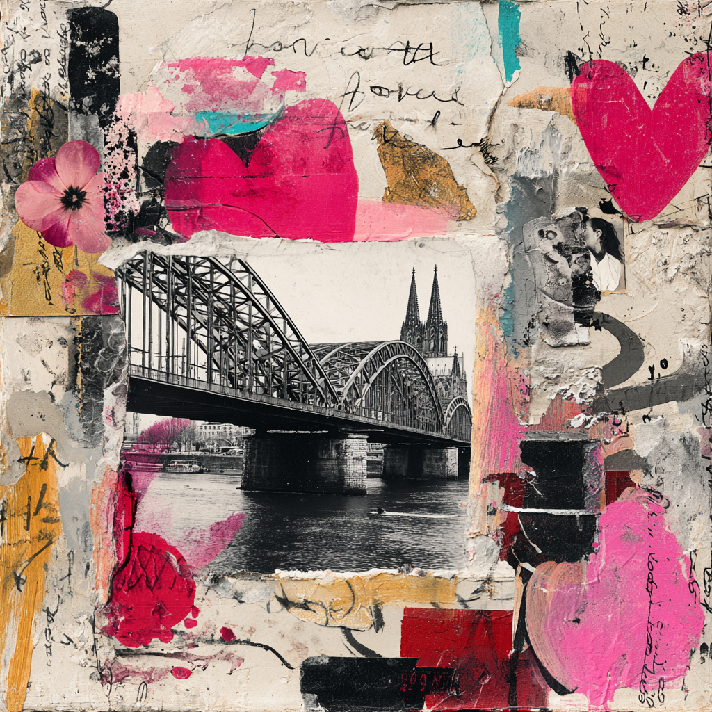 Mixed-Media-Collage mit der Hohenzollernbrücke und dem Kölner Dom, umgeben von farbigen Herzen, Texturen und urbanen Kunstfragmenten.
